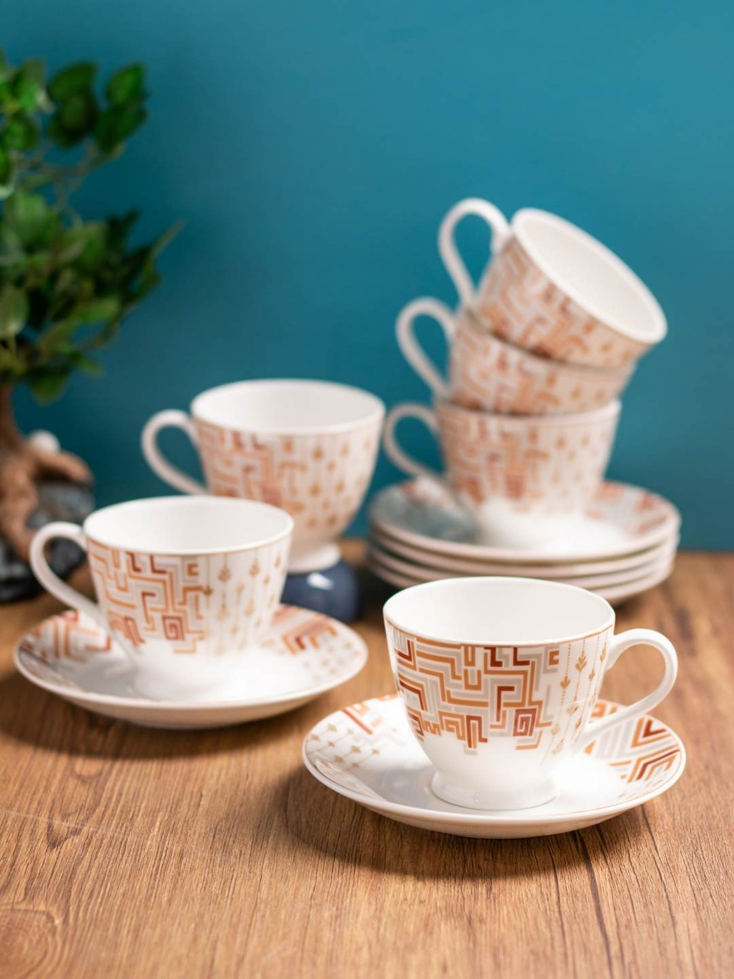 Clay Craft Printed Colour Multicolor Line Fine Ceramic Cup Saucer Set of 12, 180 ml