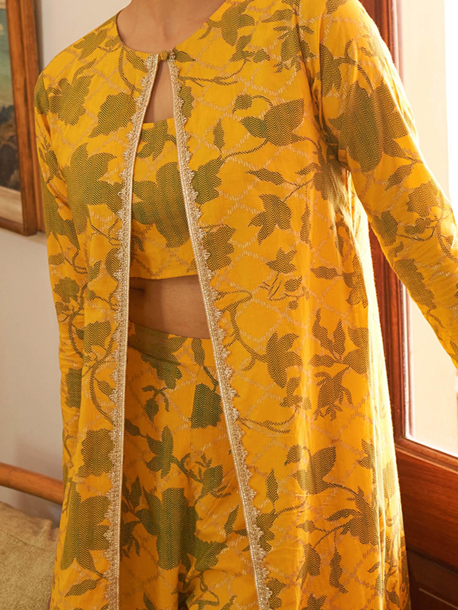 Janasya Mustard Cotton Floral Print Top & Pant Set With Jacket