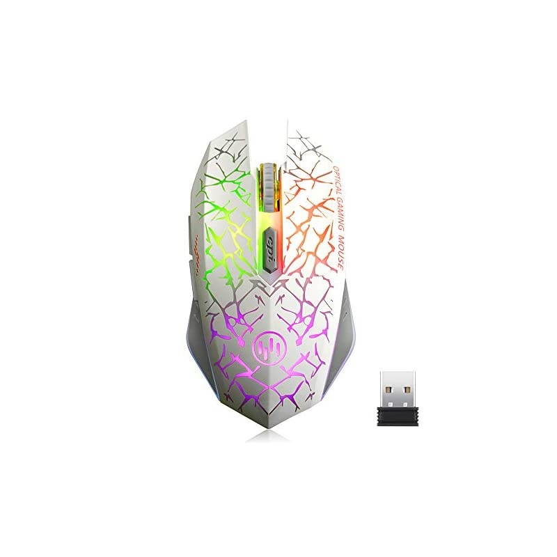 K6 Wireless Gaming Mouse Rechargeable Silent LED Optical Computer Mice with USB Receiver 3 Adjustable DPI Level and 6 Buttons Auto Sleeping Compatible LaptopPCNotebook White