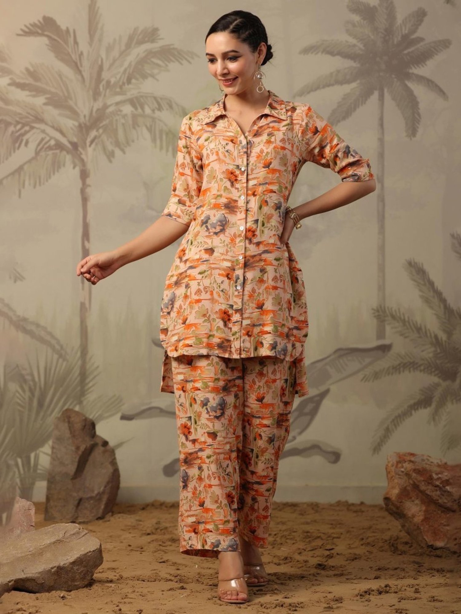 Artagai Beige Co-Ord Set with Notch Collar Kurta and Straight Pants