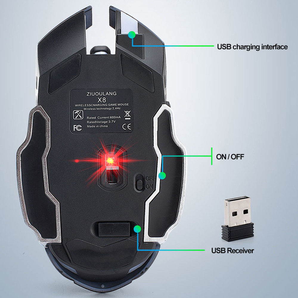 Wireless Mouse 2.4GHz X8 1800DPI Rechargeable Silent 6 Buttons 7 Colors LED Backlit Breath Usb Optical Gaming Mouse For Laptop Computer Notebook Desktop Game Office