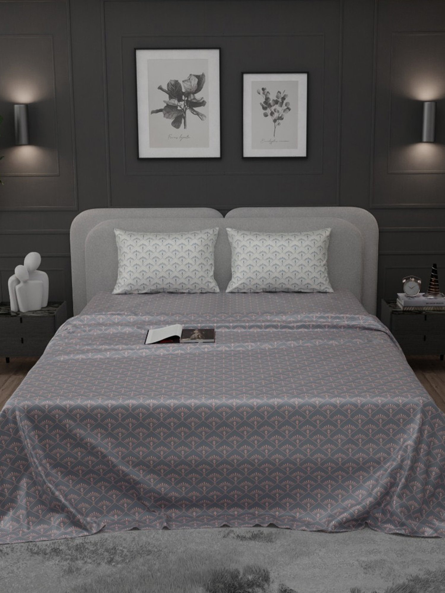 Stoa Paris Elegance Grey Polyester 300 TC Sateen King Size Bed Sheet With 2 Pillow Covers