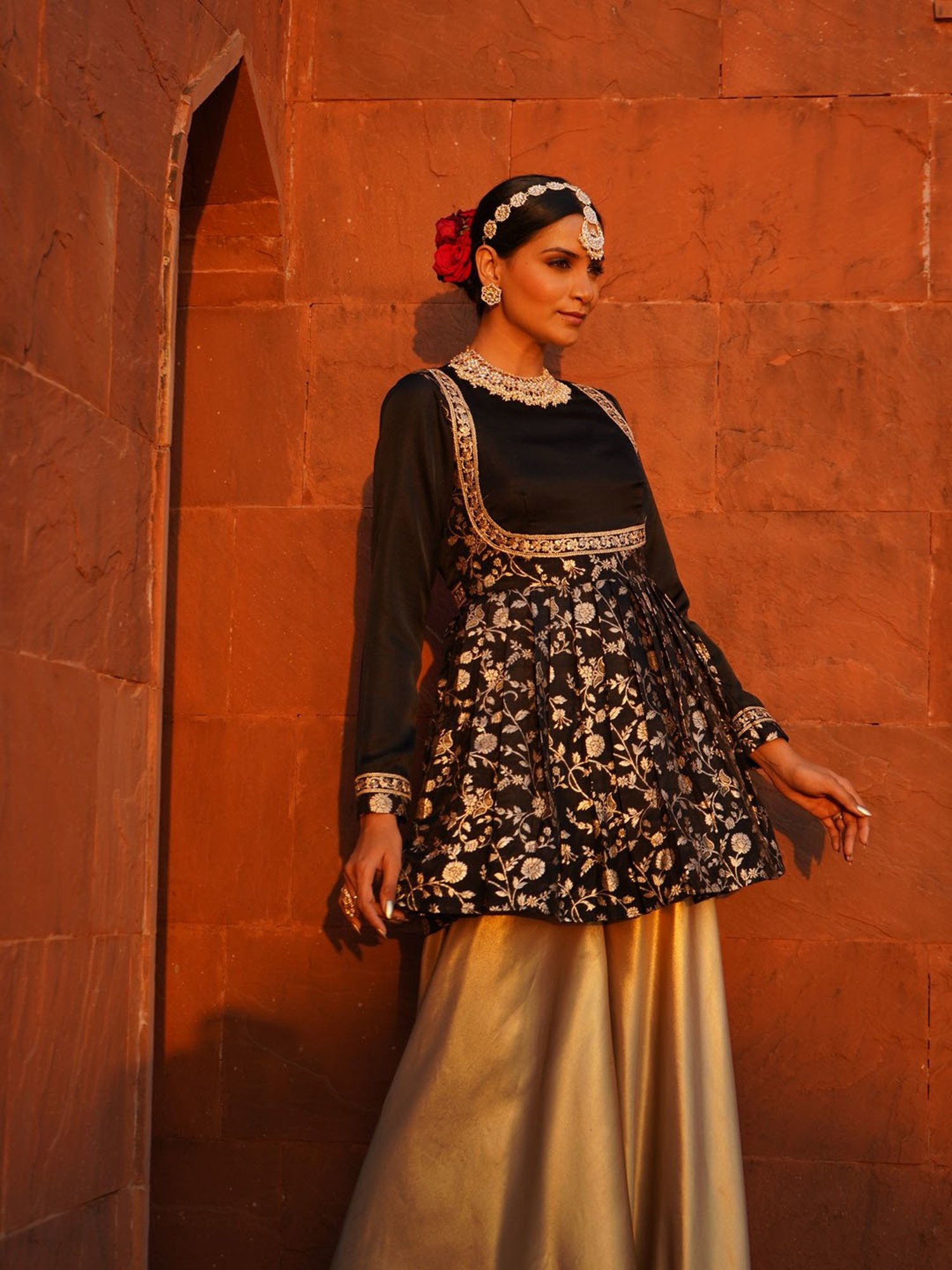 Monk and Mei Yasmin Peplum Top with Satin Sharara Pants