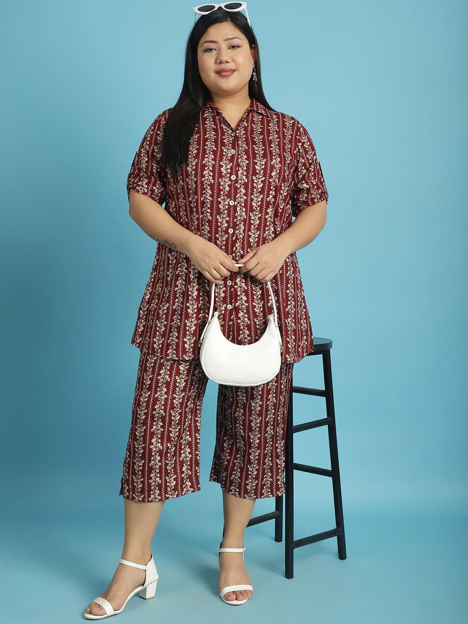 theRebelinme Maroon Floral Print High Rise Capris