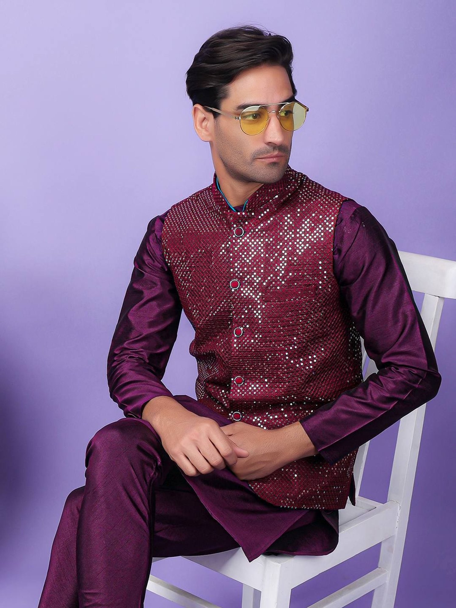 Hangup Purple Regular Fit Embellished Nehru Jacket