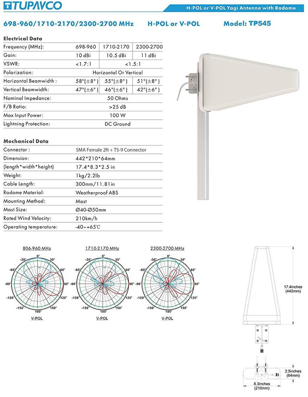 Yagi Directional Roof Antenna -Tupavco TP545- 3G/4G/LTE Wide Band 11dBi 700MHz to 2.7GHz Range SMA-Female and TS-9 2FT Cable (SMA-F to TS9 Dual Adapter) Cell Phone Signal Booster Log Periodic Cellular