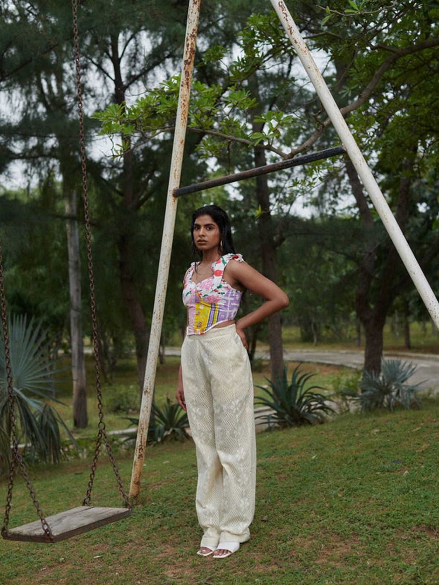 Khajoor Studio Beige Sundaze Farmland Crochet Wide Trousers