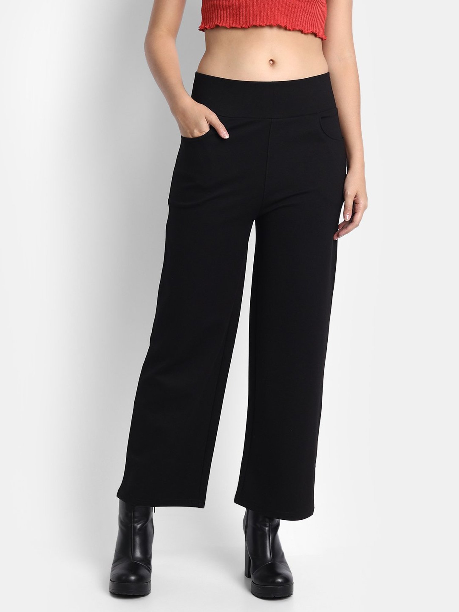 Broadstar Black Straight Fit High Rise Trousers