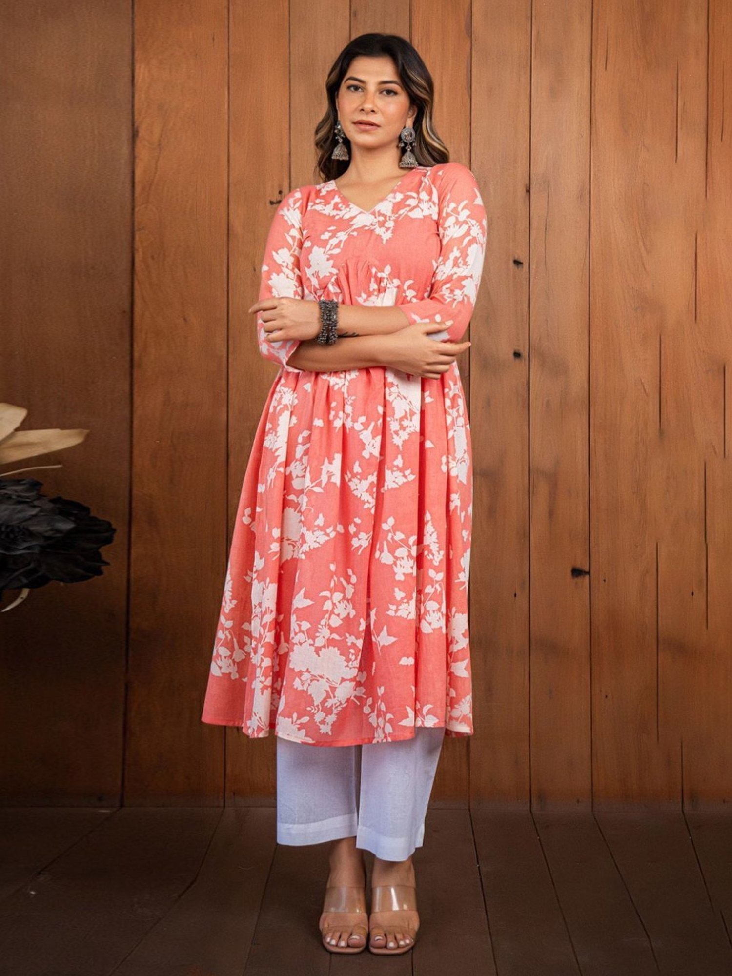 Eeshva India Coral Pink Reverse Dyed Pleated Kurta