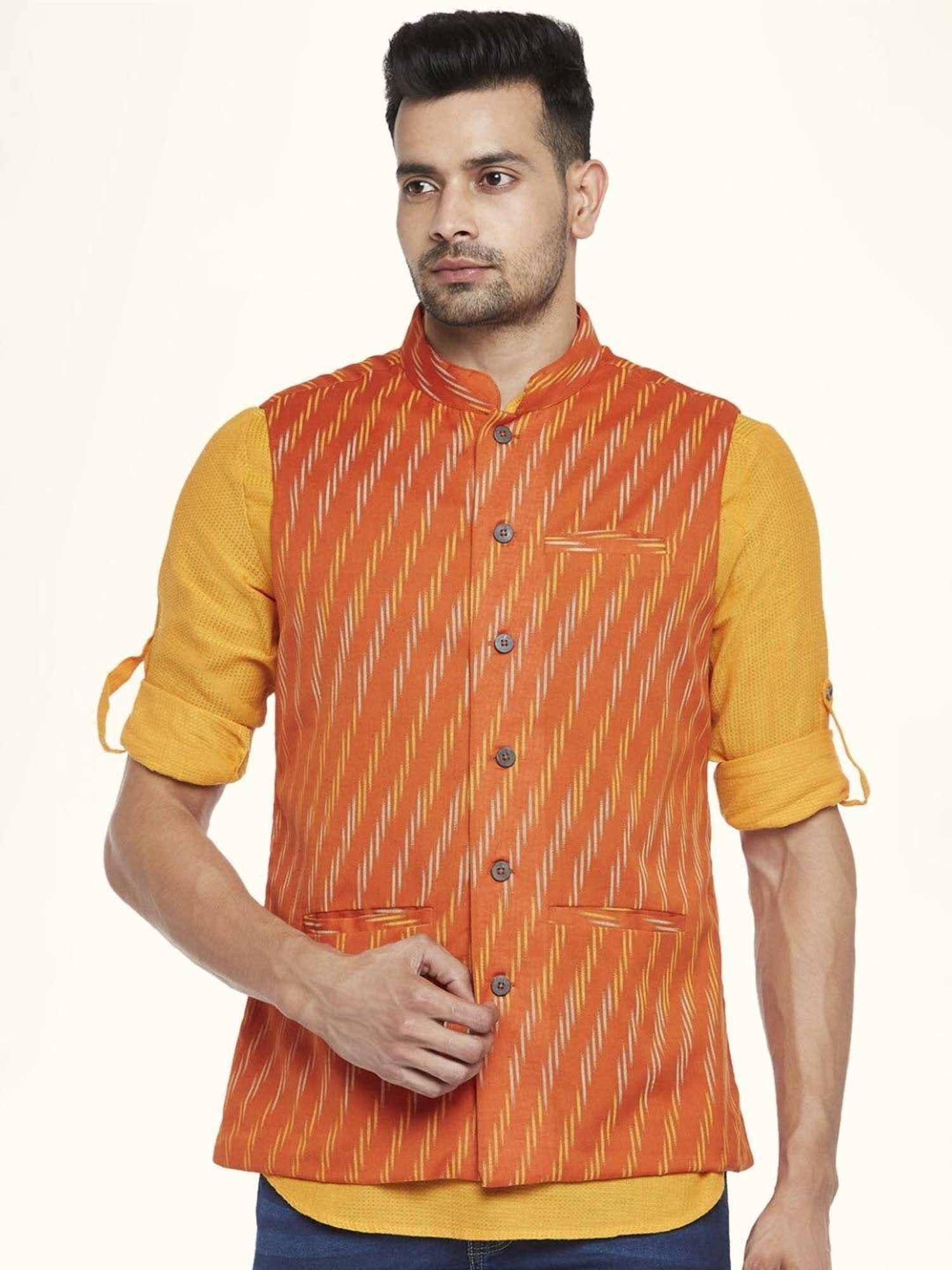 Indus Route By Pantaloons Rust Orange Cotton Regular Fit Printed Nehru Jacket
