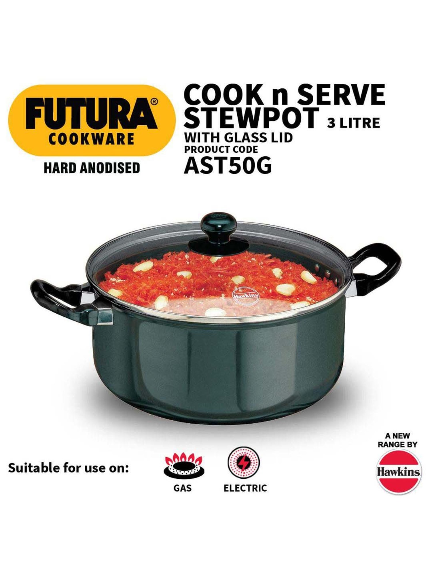 Hawkins Futura Black Hard Anodised 24 cm Cook-n-Serve Stewpot with Glass Lid, 5 L