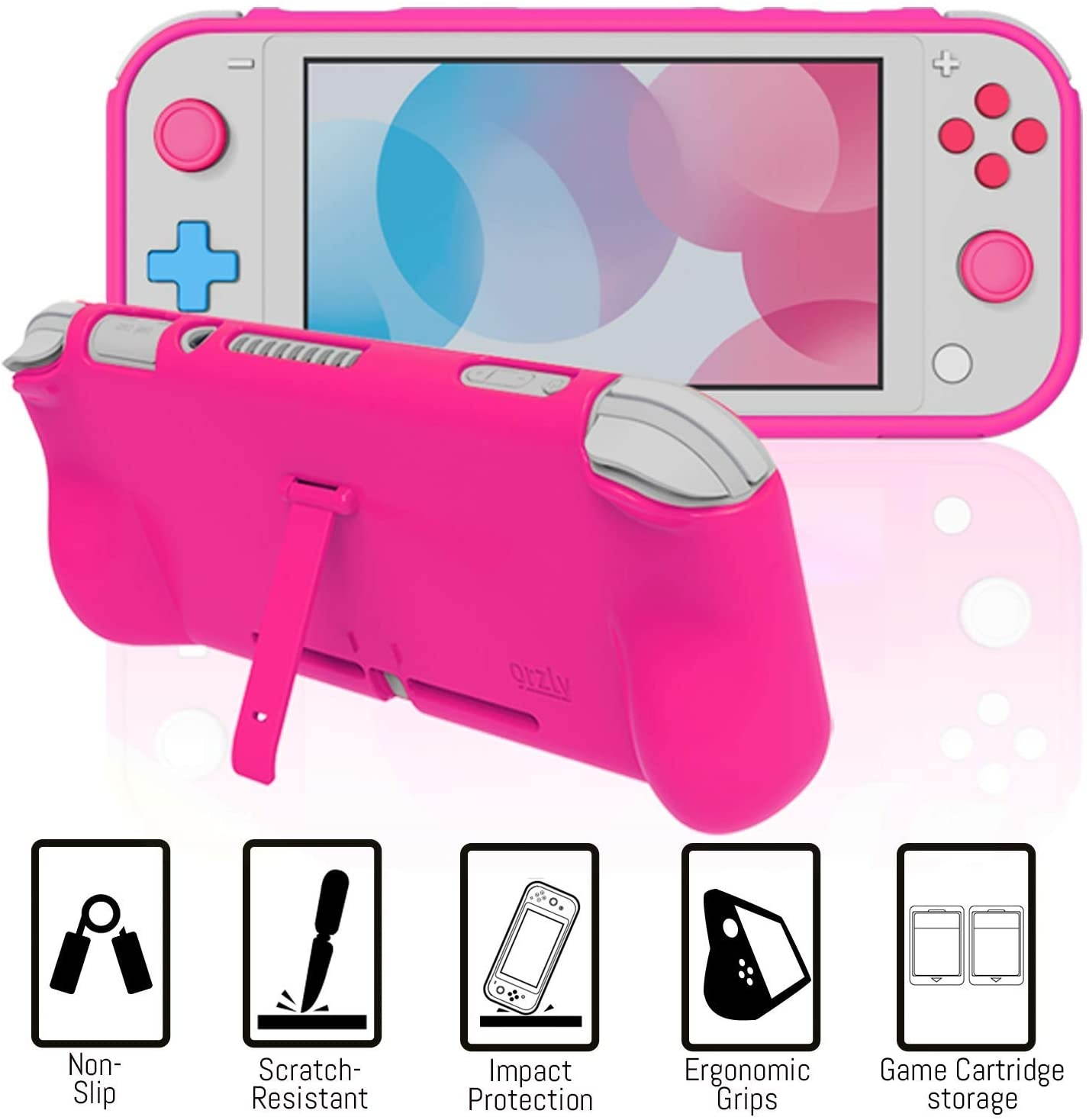 Orzly Accessories Bundle for Switch Lite - Case & Screen Protector for Nintendo Switch Lite Console, USB Cable, Games Holder, Comfort Grip Case, Headphones, Thumb-Grip Pack & More - Pink