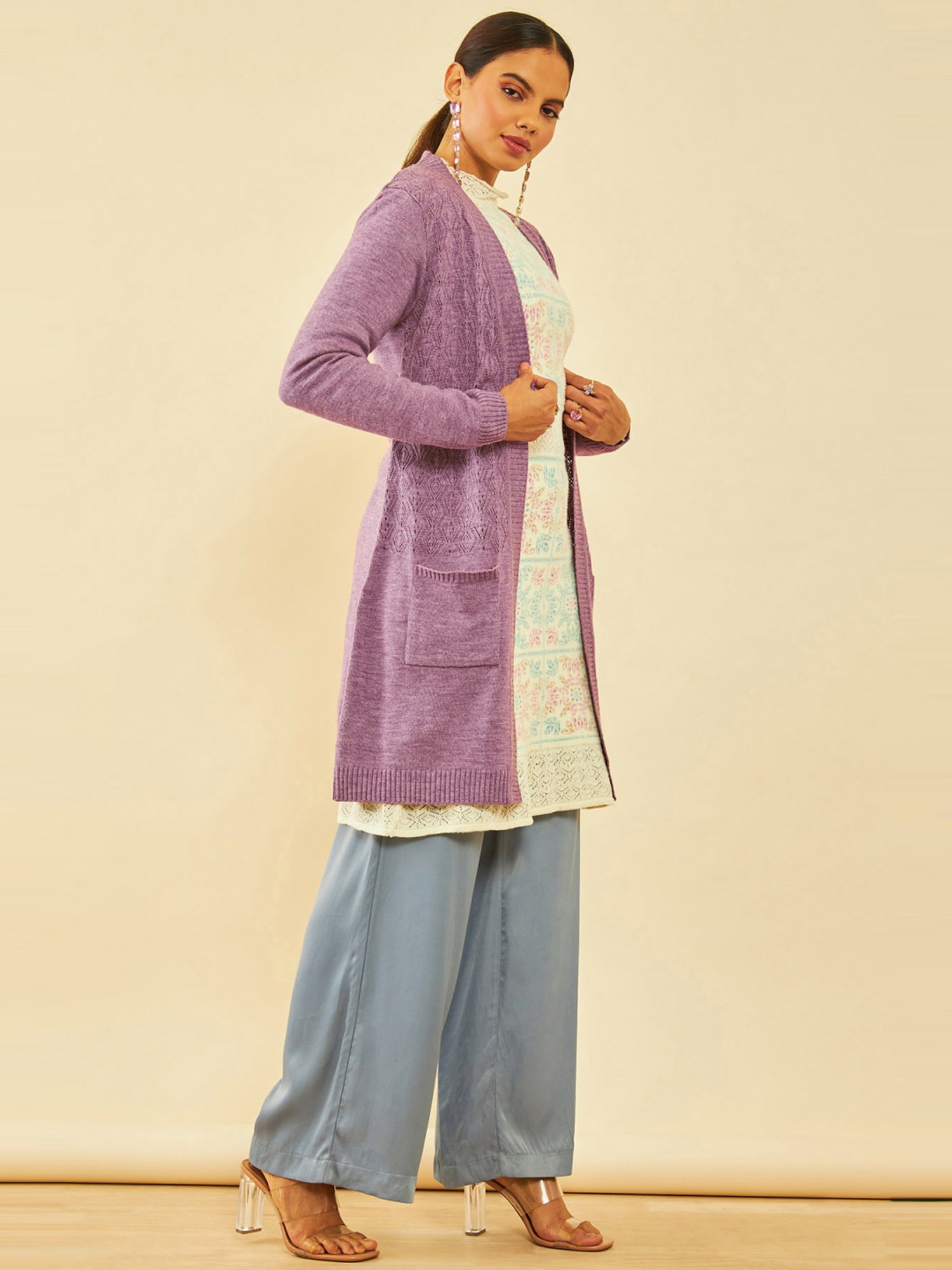 Soch Purple Acrylic Chevron Pattern Knitted Open-Front Longline Shrug