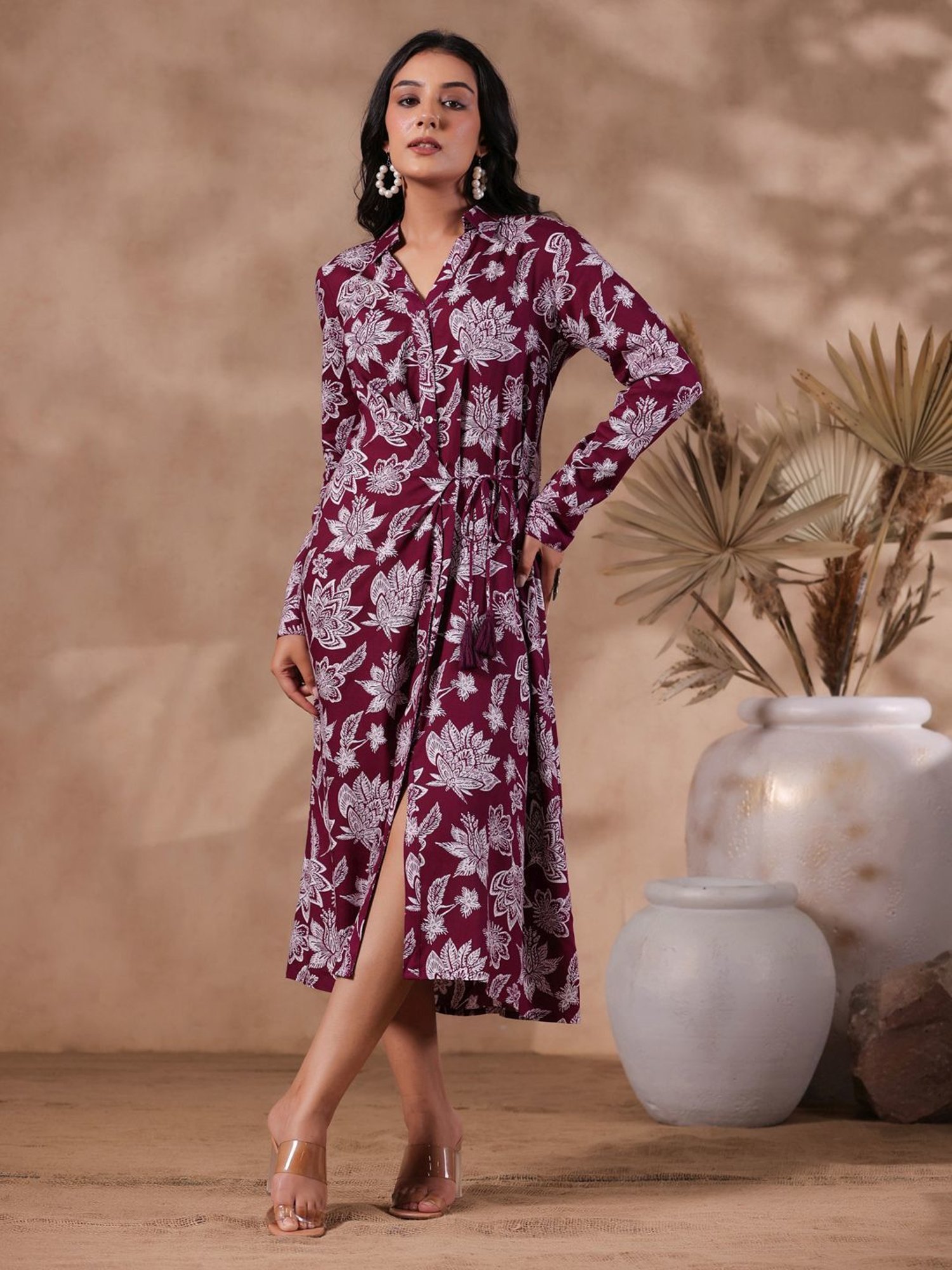 Ishin Purple Floral Print Shirt Dress