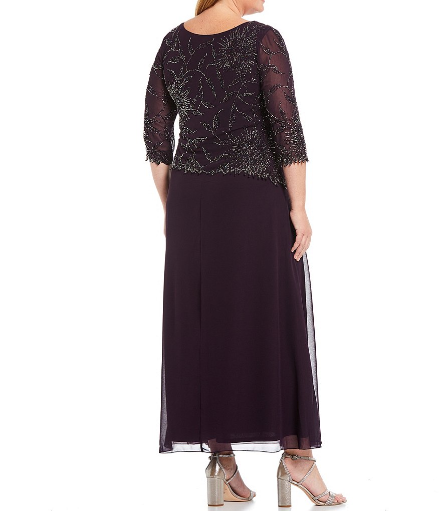 Jkara Plus Size 3/4 Sleeve Round Neck Beaded Gown