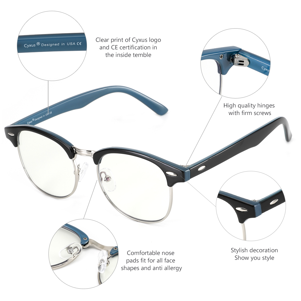 Cyxus Blue Light Blocking Computer Glasses Anti Eyestrain Headaches UV, Semi-Rimless Black Frame