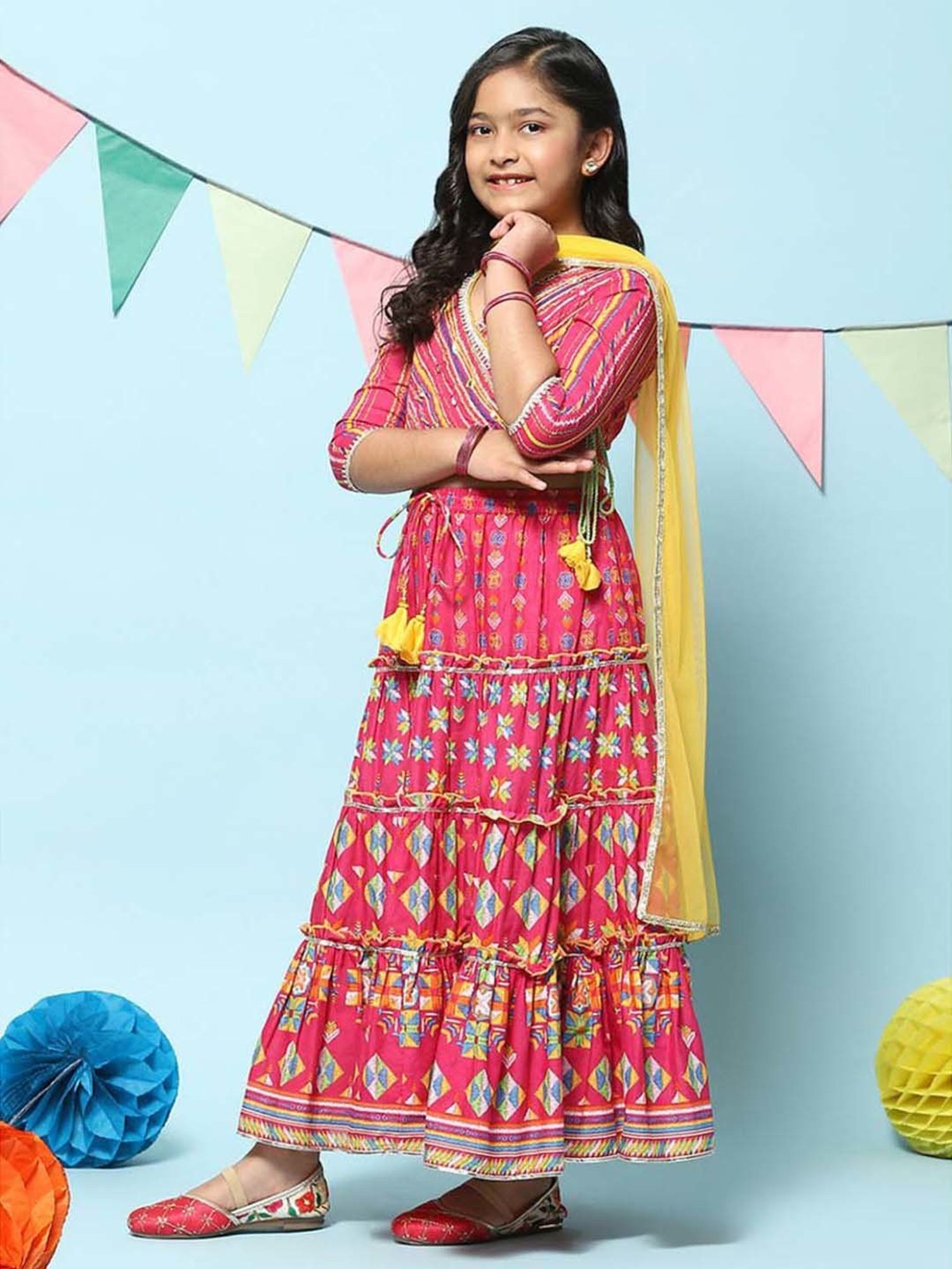 BIBA Girls Kids Pink Cotton Printed Lehenga Set