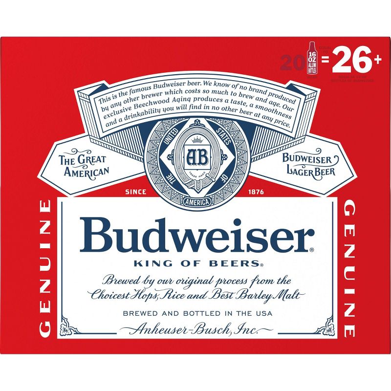 Budweiser Lager Beer - 20pk/16 fl oz Aluminum Bottles