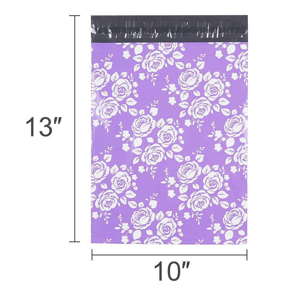 Metronic 100 10x13 Poly Mailers Envelopes Shipping Bags of Purple+White Rose Design with Self Adhesive, Waterproof and Tear-proof Postal Printed Bags