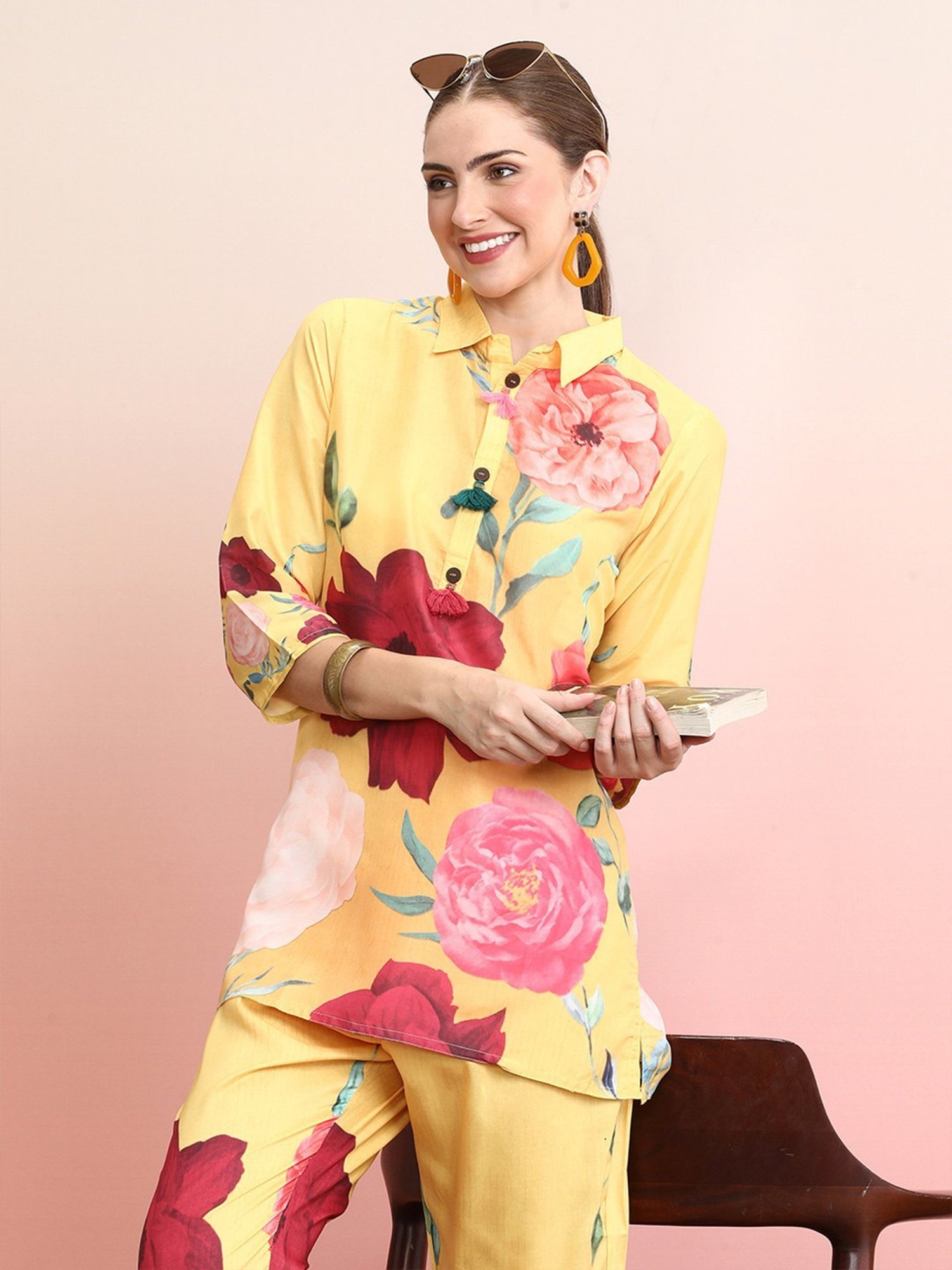 Indo Era Yellow Floral Print Tunic Pant Set