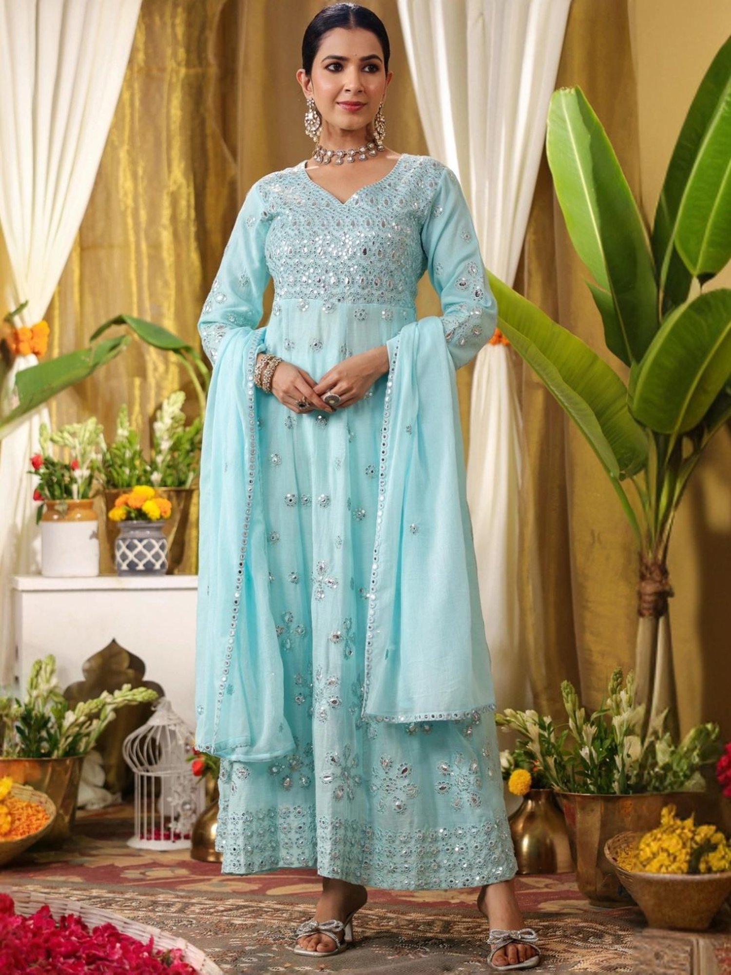 SCAKHI Aqua Mulmul Mirror & Sequin Embroidered Anarkali and Pant With Dupatta