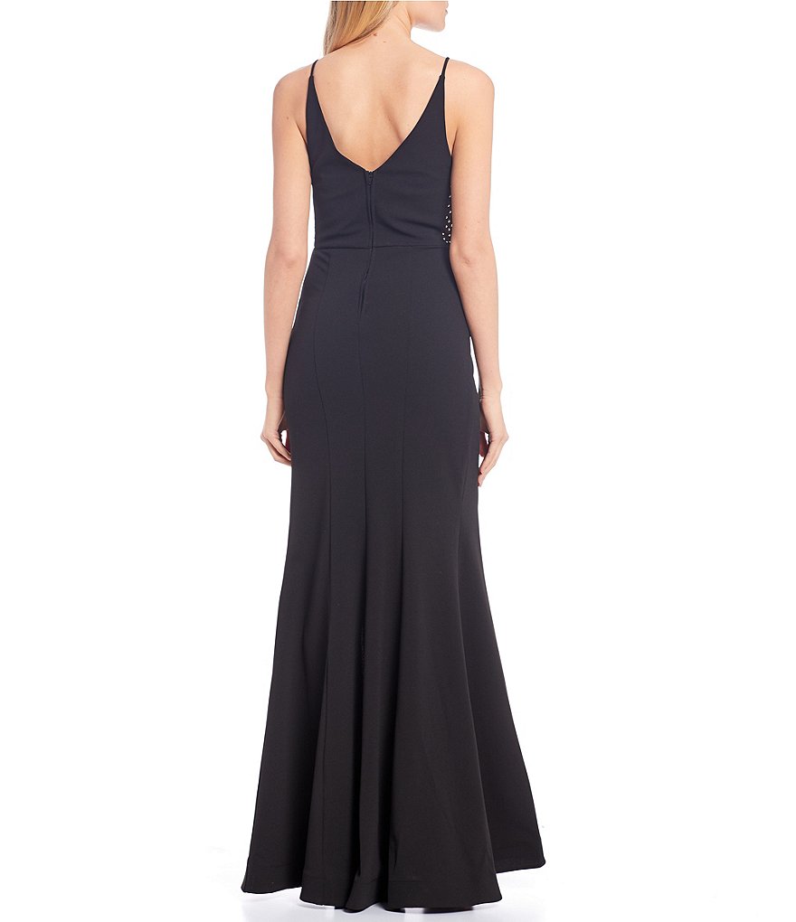 Teeze Me Spaghetti Strap Plunge V-Neck Side Slit Solid Trumpet Dress