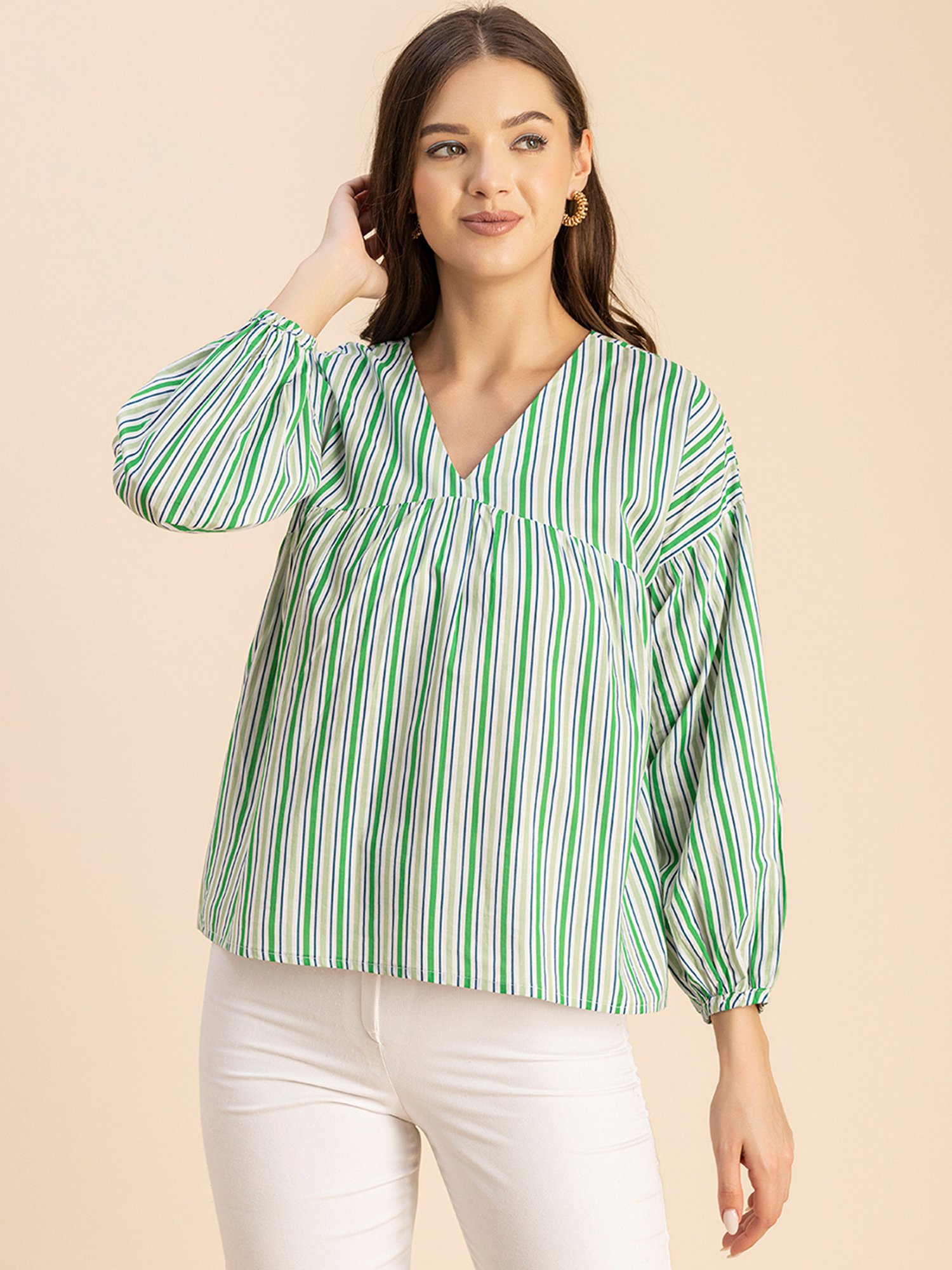 Moomaya Green Cotton Striped Top