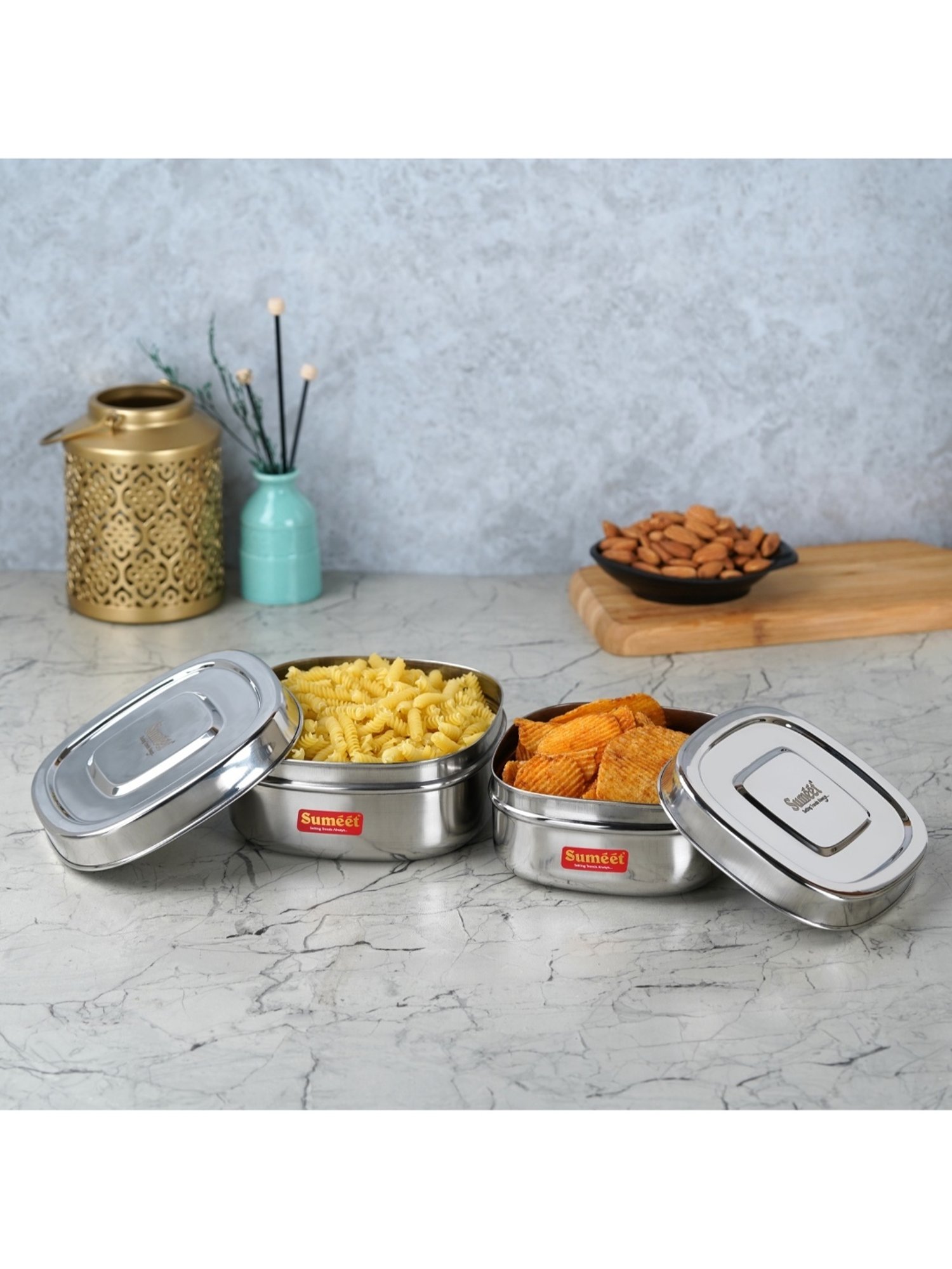 Sumeet S.S.Square Storage container box/Dabba for Kitchen,Set of 2Pc,550ml & 700ml, 11cm & 12.5cm