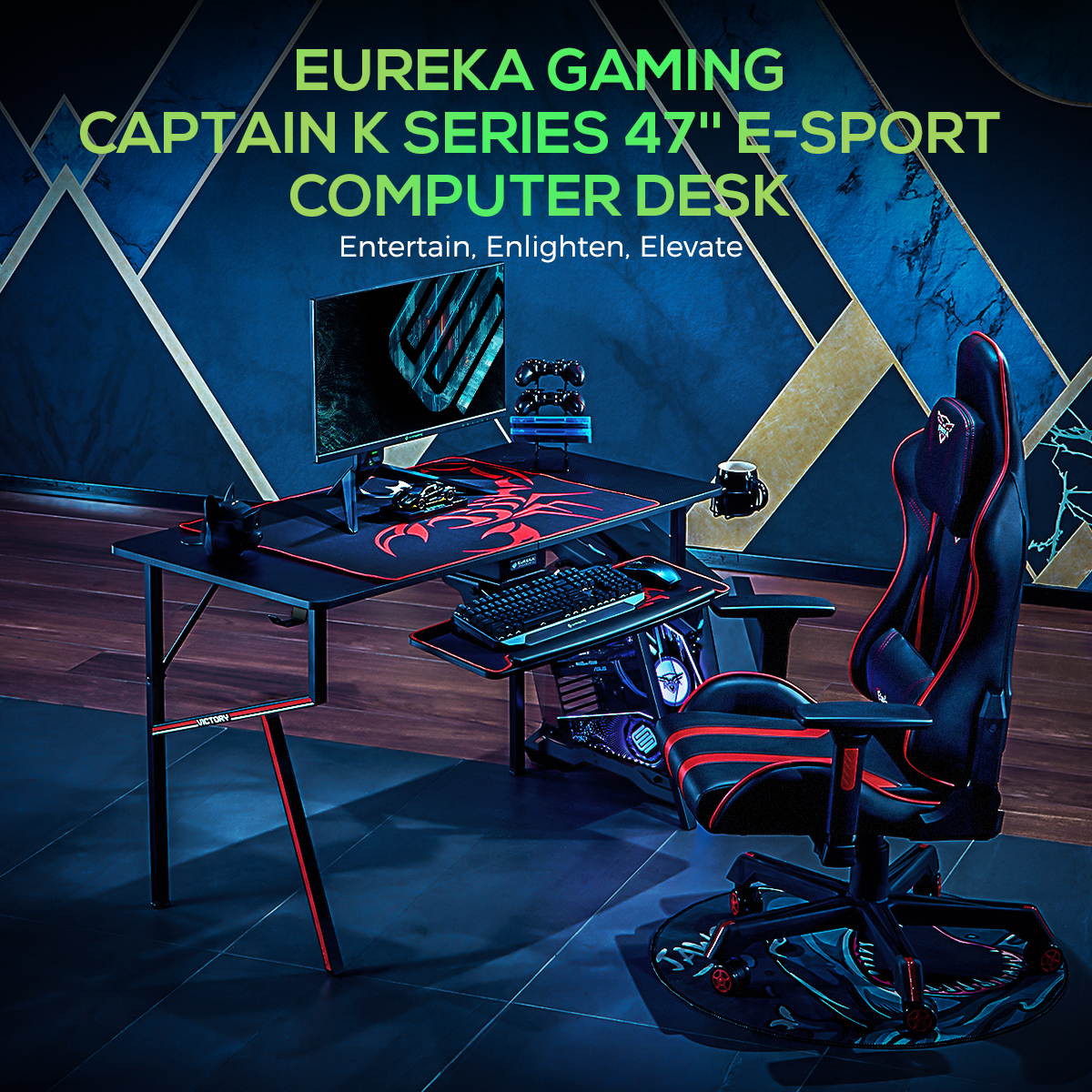 Eureka Gaming&reg; Captain K Series 47'' E-sport Desk, Home Office Gaming Computer Desk, K Shaped Gamer Workstation with Free Controller Stand, Cup Holder, Headphone Hook & Mousepad, Black