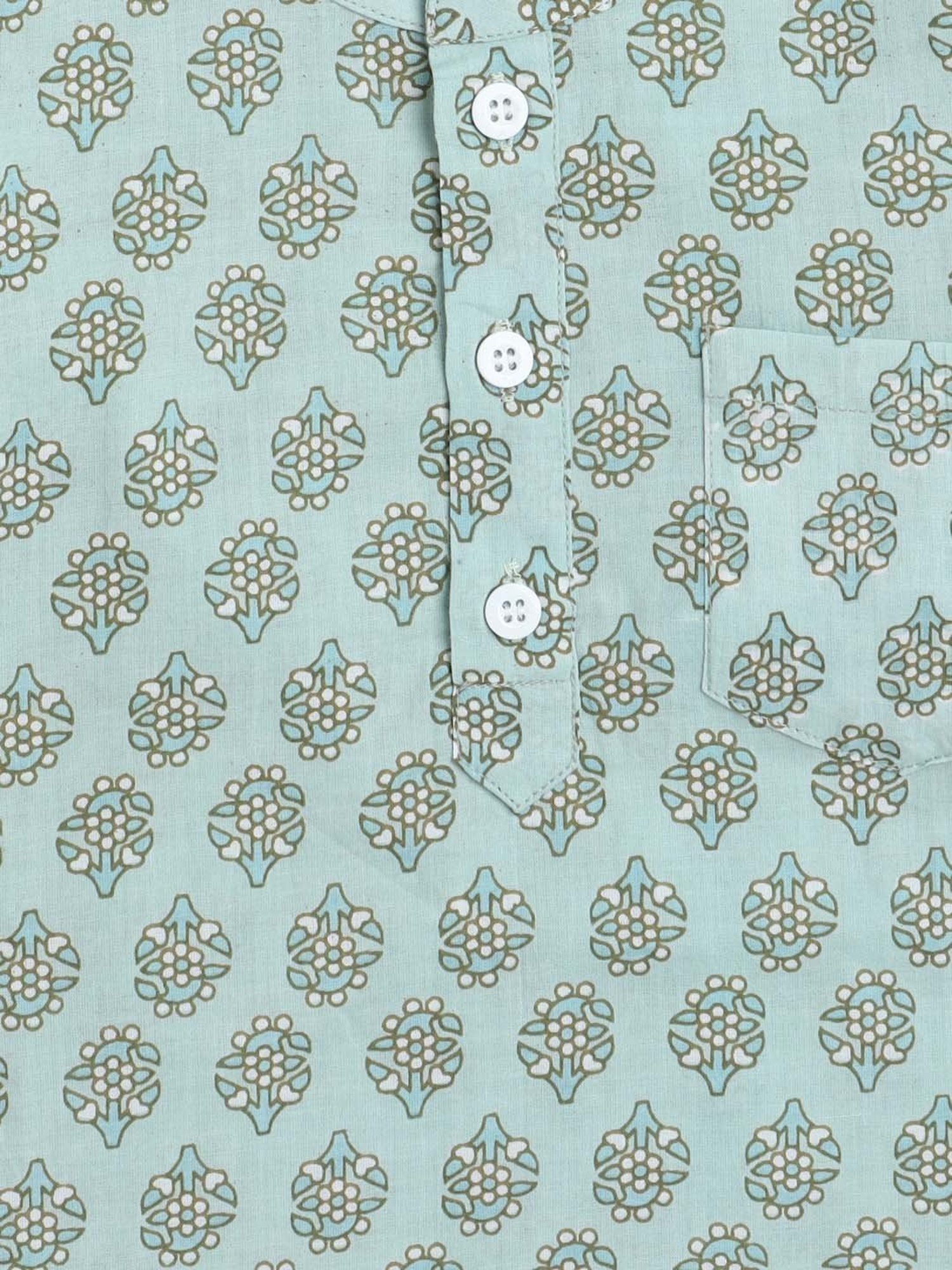 The Magic Wand Kids Mint Green & White Cotton Floral Print Full Sleeves Kurta Set