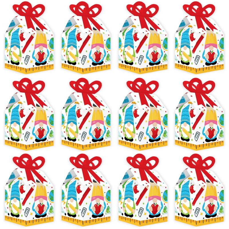 Big Dot of Happiness School Gnomes - Square Favor Gift Boxes - Teacher and Classroom Decorations Bow Boxes - Set of 12