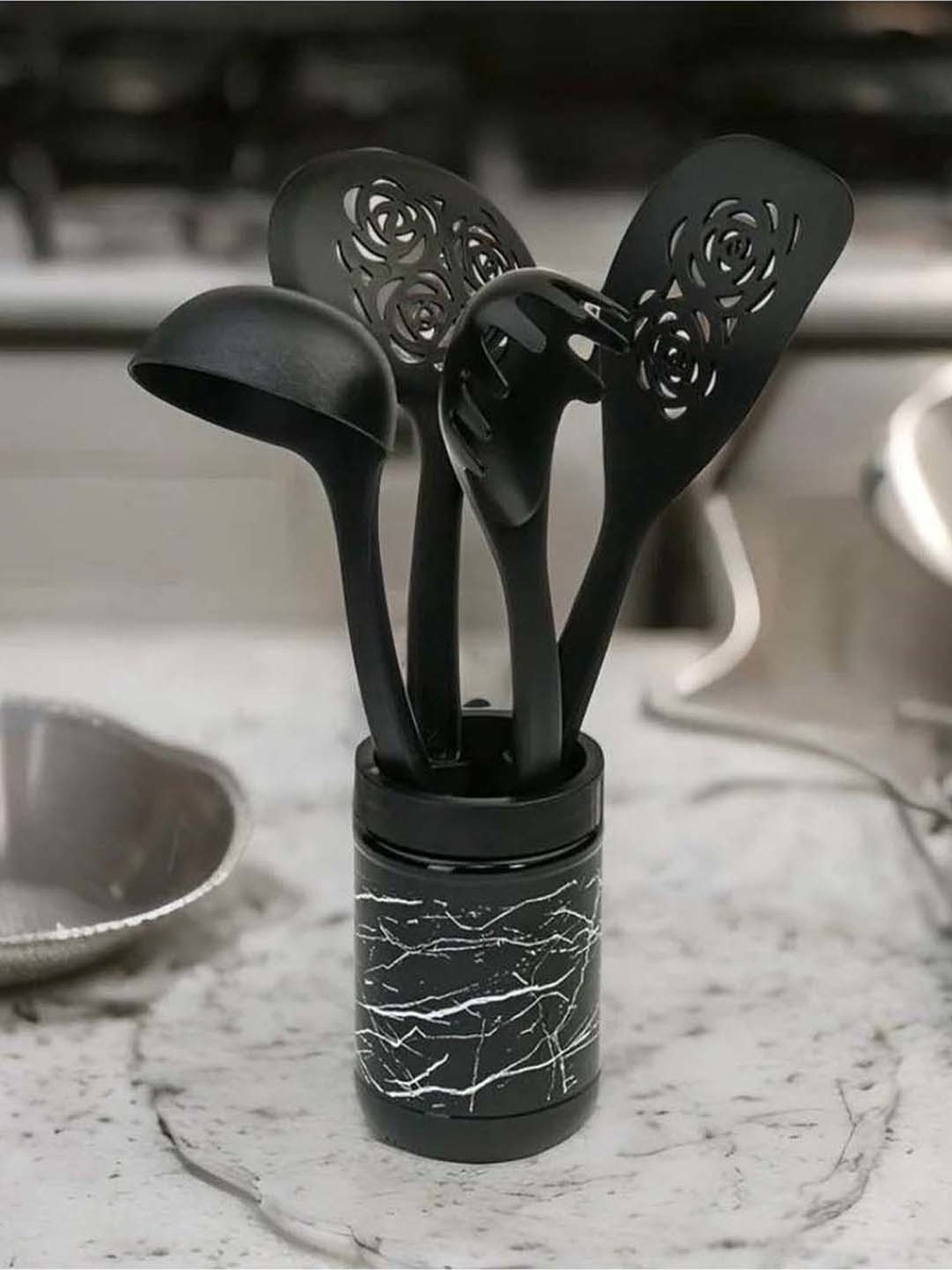 @home Nilkamal Black Polypropylene Kitchen Cooking And Serving Spoons & Jar - Set of 5