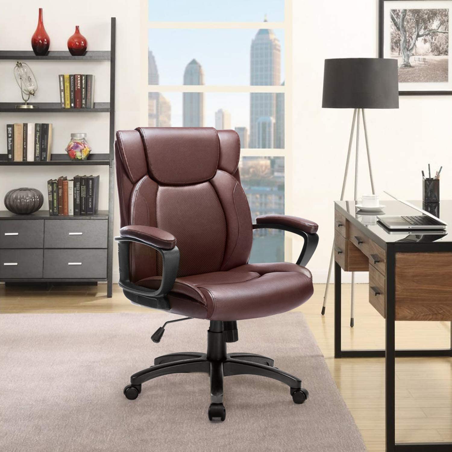 BOSSIN Mid-Back Executive Office Chair Leather Computer Desk Chair with Armrest,Swivel Ergonomic Task Chair with Lumbar Support,Thick Padded Rolling Chair for Adults (Mid-Back, Black)