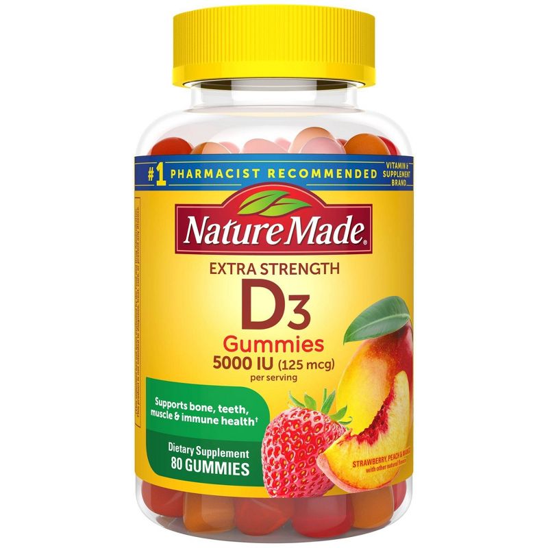 Nature Made Extra Strength Vitamin D3 5000 IU (125 mcg) Gummies - Strawberry, Peach & Mango - 80ct