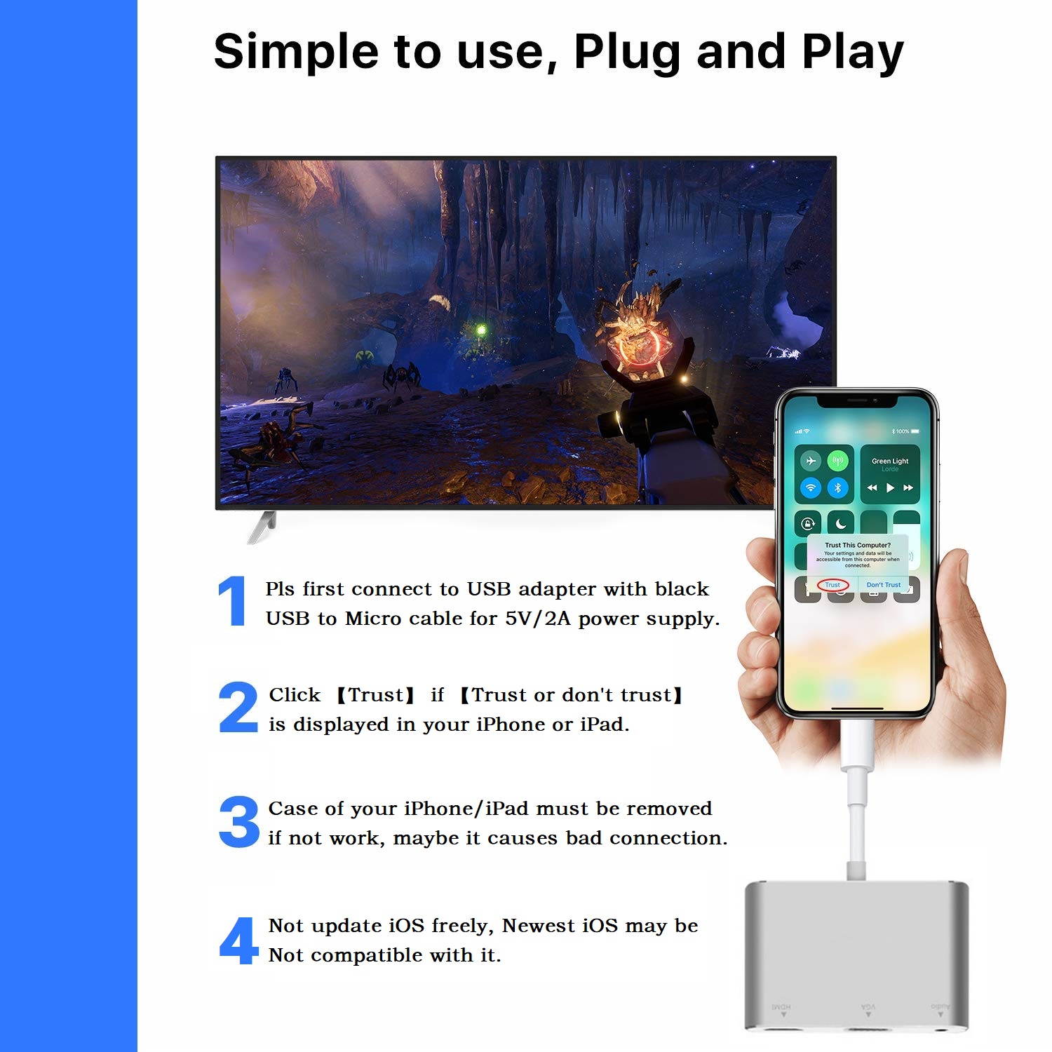 for iPhone iPad Turn HDMI TV Projector VGA 1080p HD Video Adapter with Same Screen, 8 Pin to HDMI + VGA + Audio Adapter for Apple Device, 8Pin to HDMI VGA Audio HUB.