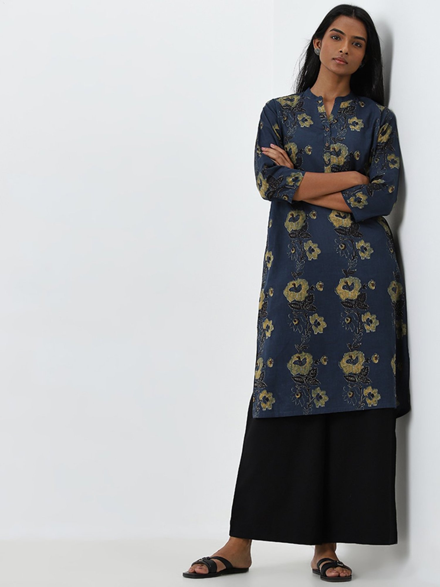Utsa by Westside Indigo Floral Printed Straight Cotton Kurta