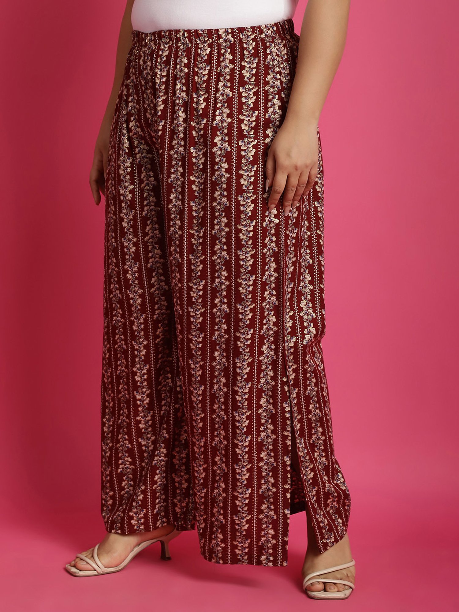 theRebelinme Maroon Floral Print High Rise Regular Fit Palazzos