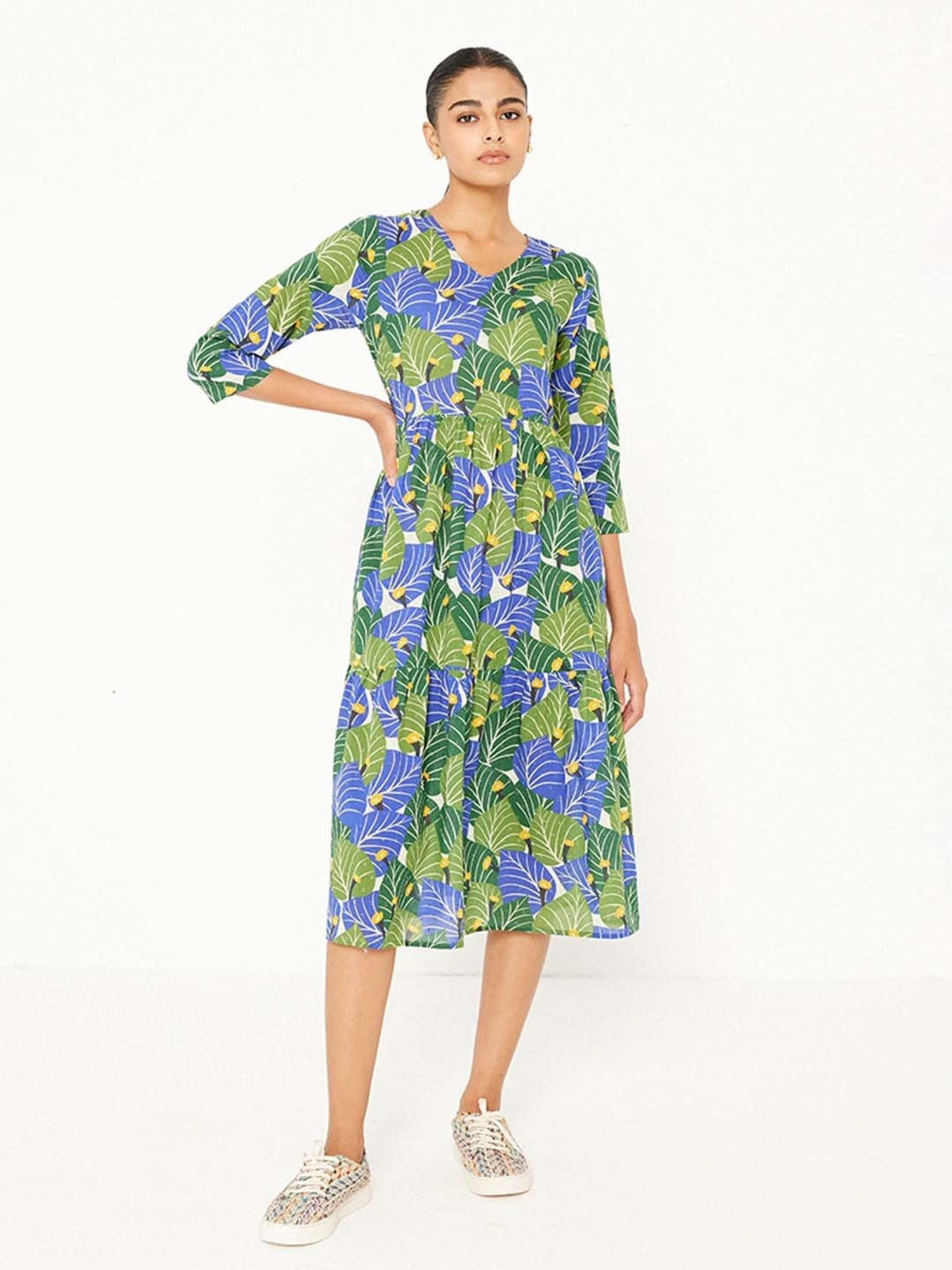 ANCESTRY Green Printed Midi Dress