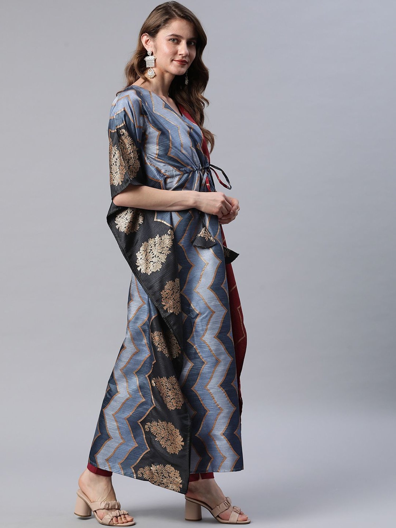 Cottinfab Grey & Maroon Printed Kaftan Kurta
