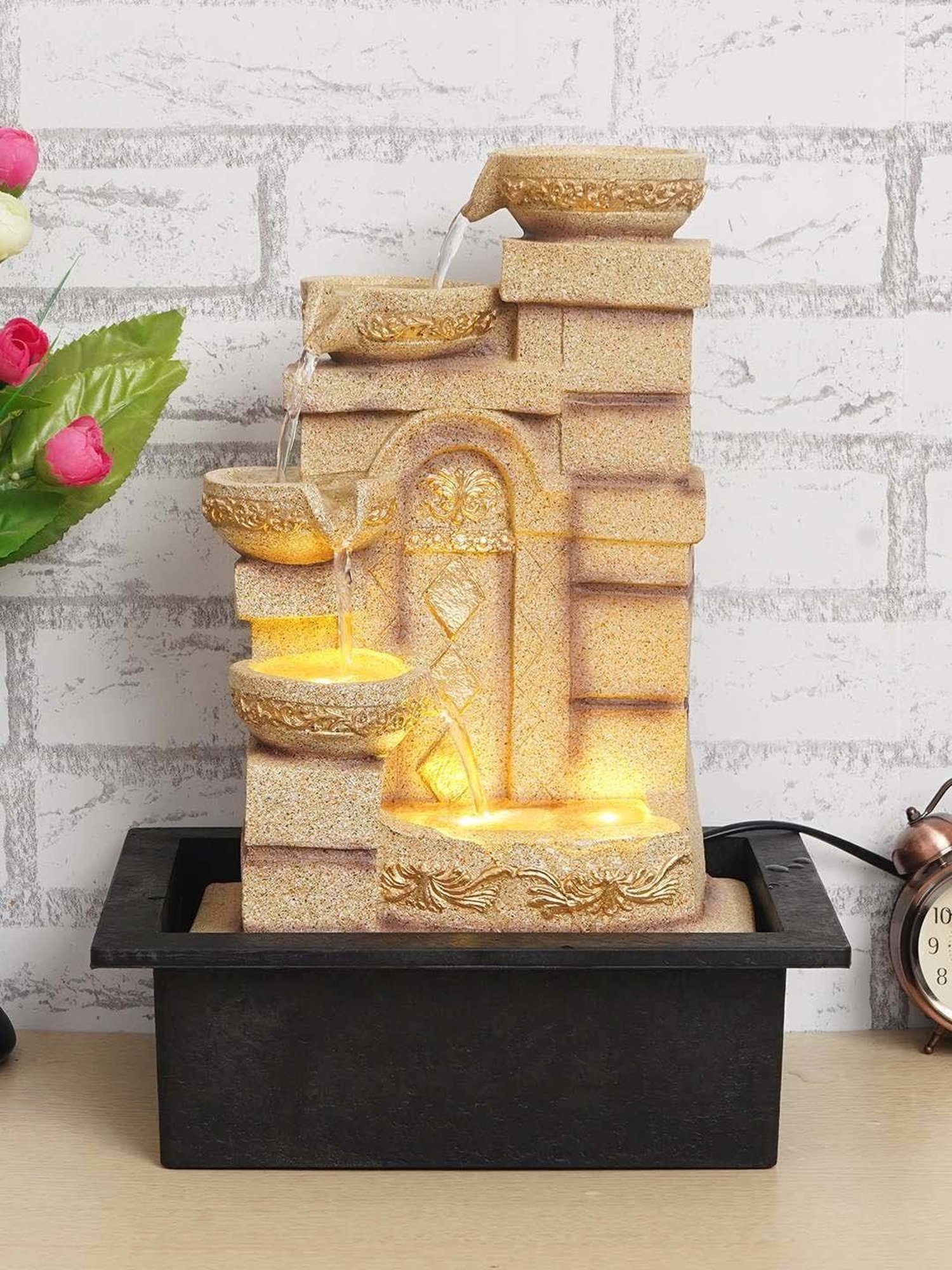 CHRONIKLE Cream Polyresin Table Top 4 Steps Waterfall Fountain