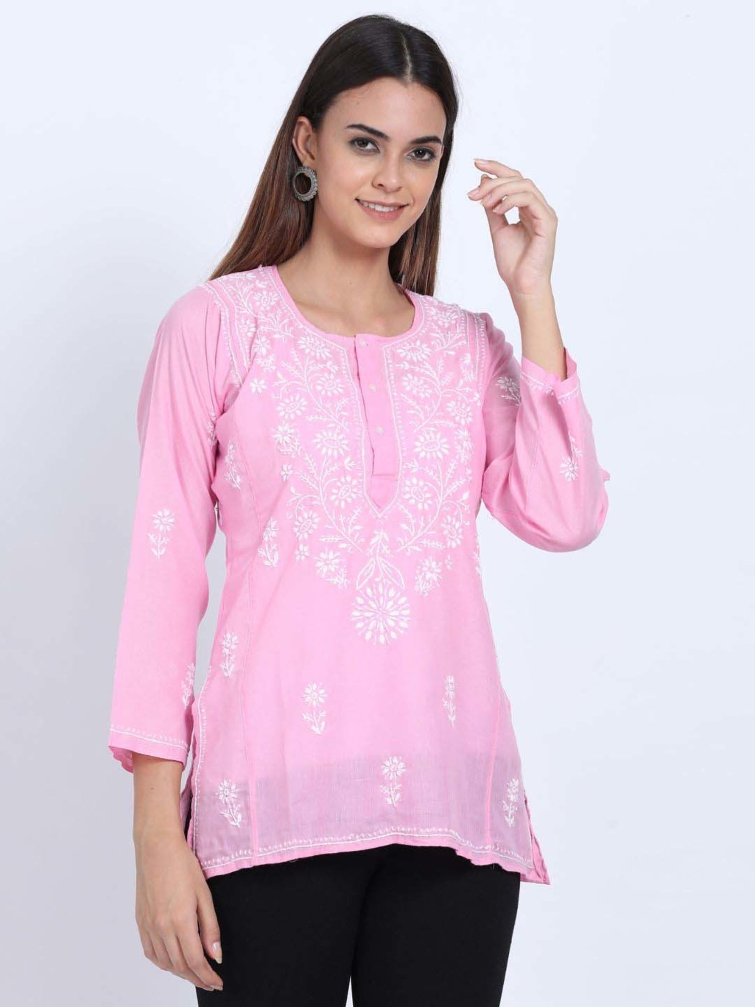 PARAMOUNT CHIKAN Pink Cotton Chikankari Straight Kurti