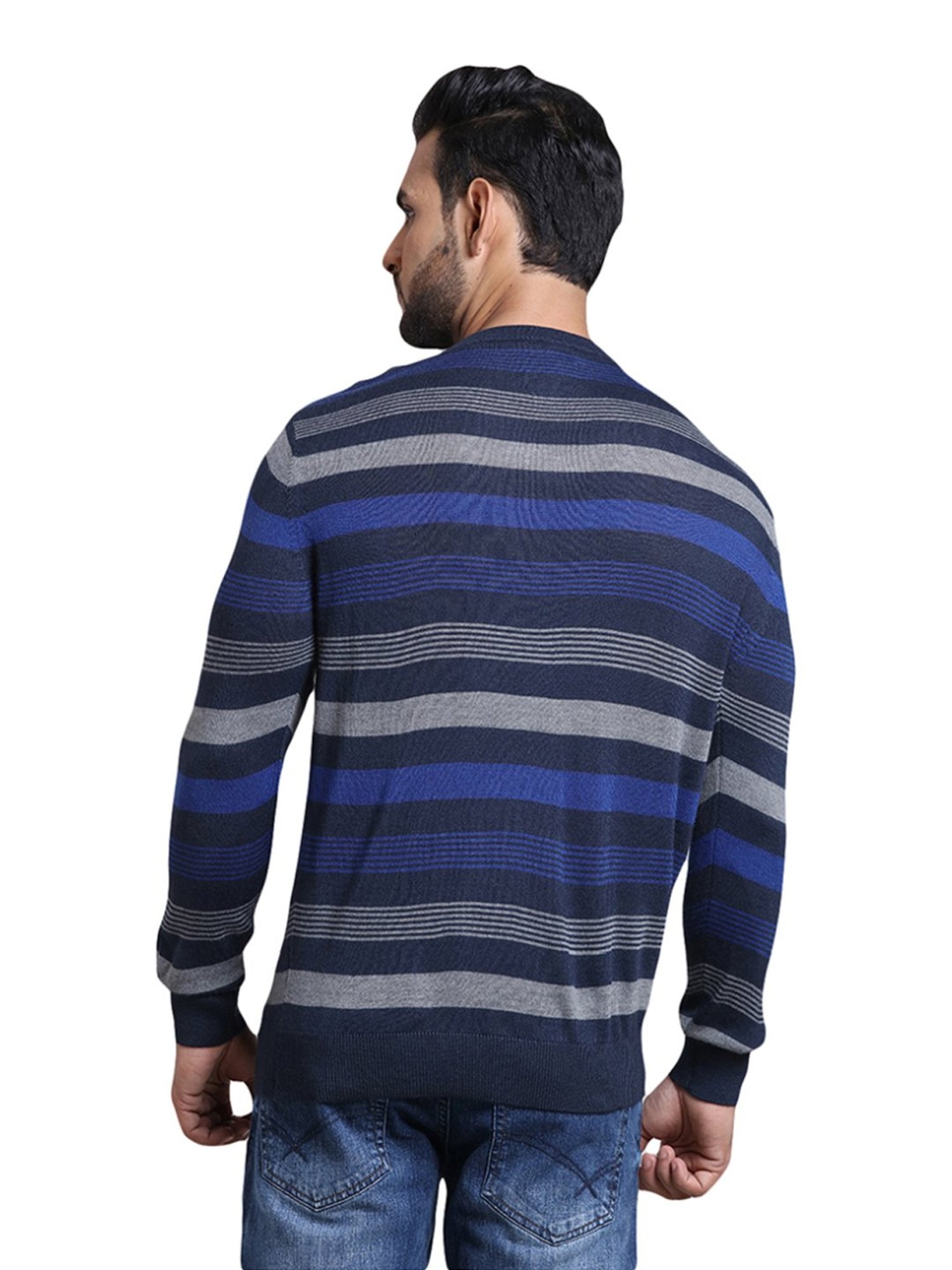 ColorPlus Blue Tailored Fit Striped Sweater