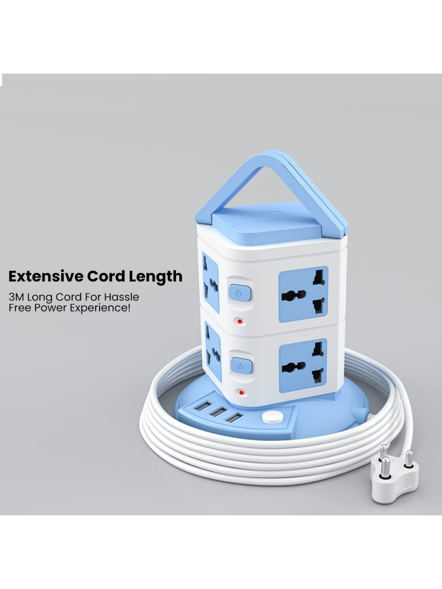 Portronics Power Plate 9 with 3 USB Ports, 8 Power Sockets 3M Cord Length (Blue)