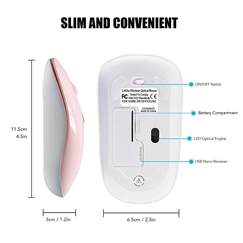 Wireless Computer Mouse  24G Slim Cordless Mouse Less Noise for Laptop Ergonomic Optical with Nano Receiver USB Mouse for Laptop Deskbtop MacBook BAT Bright Pink