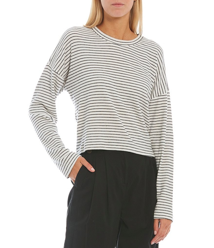 Every Long Sleeve Drop Shoulder Crew Neck Striped Cropped Tee