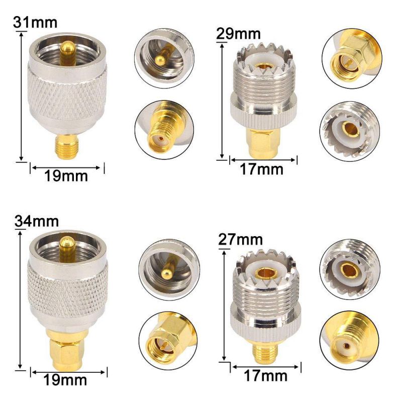 SMA-UHF RF Connectors Kit SMA to UHF PL259 SO239 4 Type Set SMA Jack/Plug to UHF Nickel Gold Plated Test Converter Pack of 4