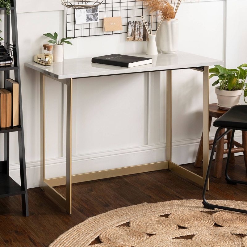 42" Contemporary Modern Faux Marble ComputerWriting Desk White Marble/Gold - Saracina Home