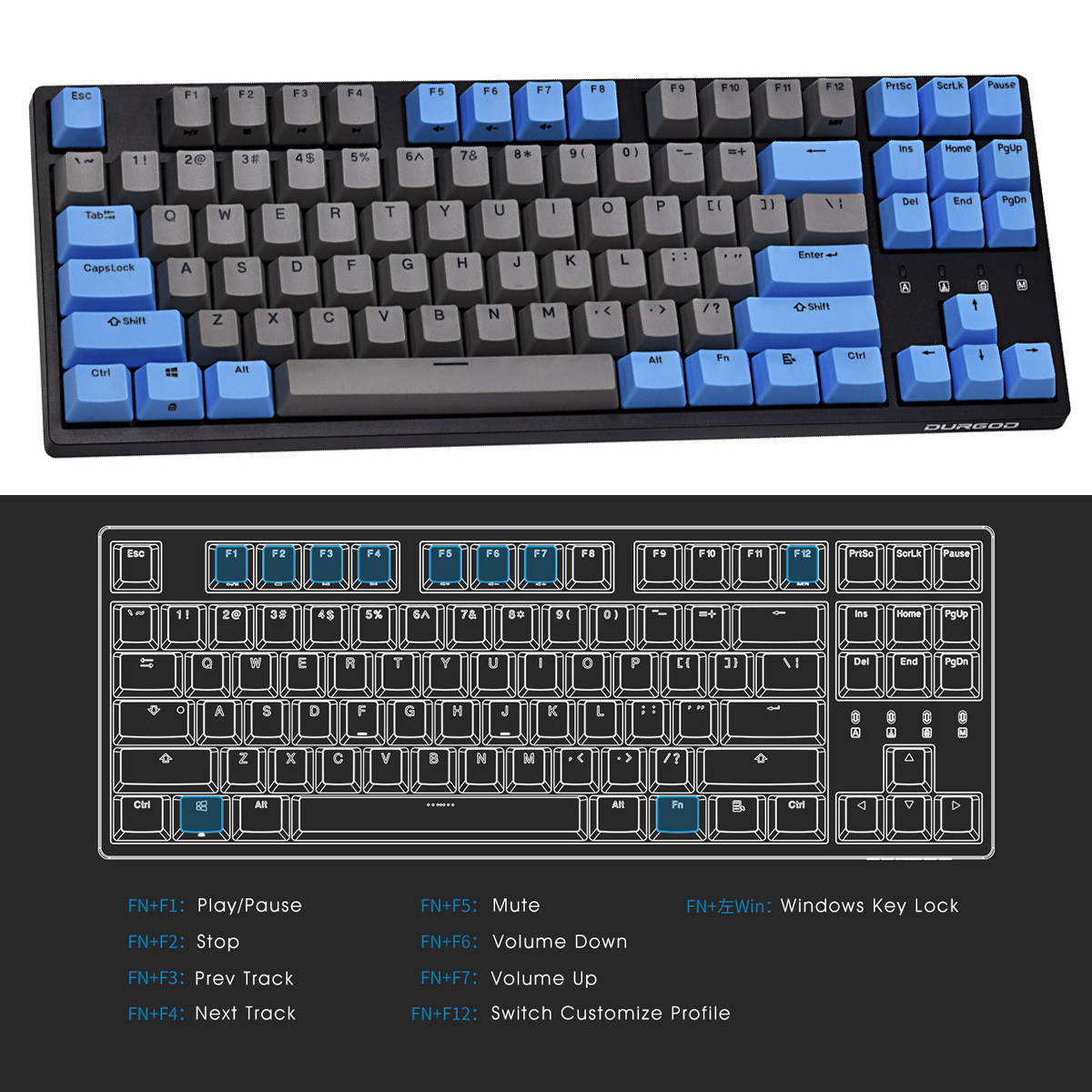 Durgod Taurus K320 Mechanical Gaming Keyboard - Tenkeyless 87 Keys - Double Shot PBT - NKRO - USB Type C Interface (Cherry MX Red Switches, Grey and Blue)