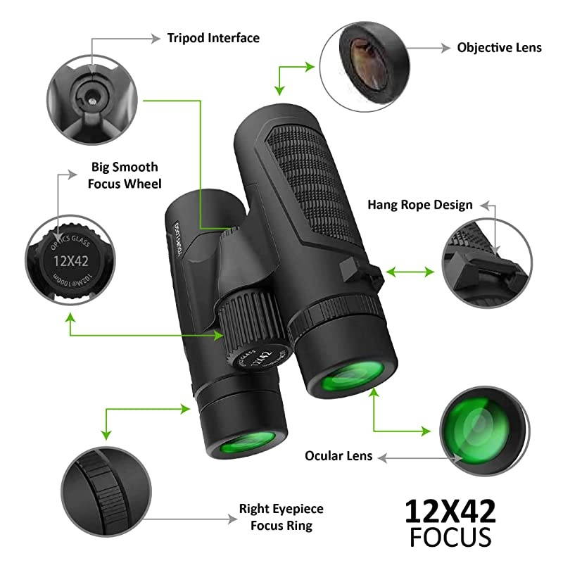 12x42 Binoculars for Adults Compact Binocular Prism BAK4 FMC Lens Waterproof HD Binoculars for Bird Watching Hunting with Carrying Bag