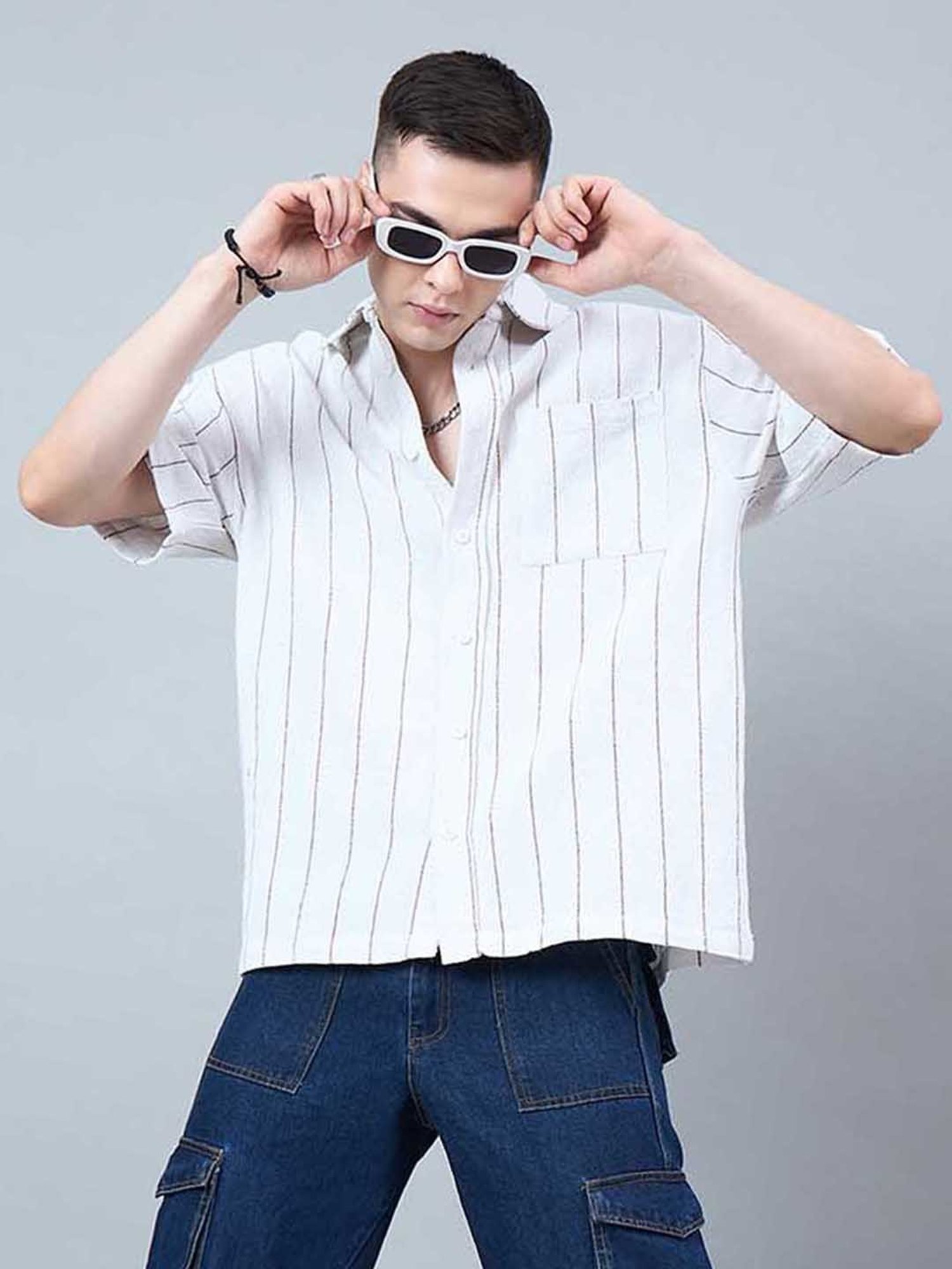 CHIMPAAANZEE White & Brown Loose Fit Striped Oversized Shirt